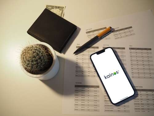 A mobile phone displaying the Kainos logo, sitting atop a paper containing financial information and next to a cactus and wallet.