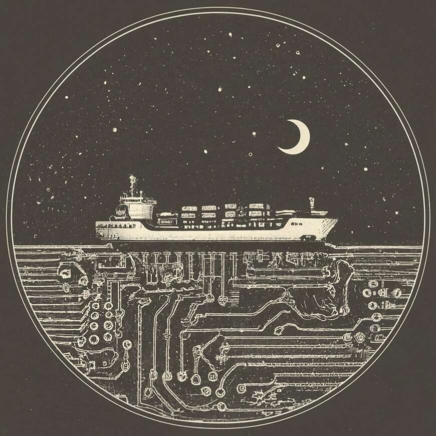 An AI-generated image of a freight ship floating on a sea of microchips, used to illustrate an article about AI in freight pricing.