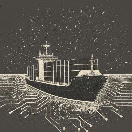 A second AI-generated image of a freight ship floating atop a microchip sea.