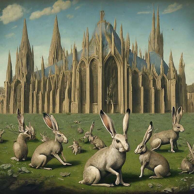 A cathedral surrounded by jackrabbits, used to illustrate a story about synthetic data and the possibility it could lead to model collapse.