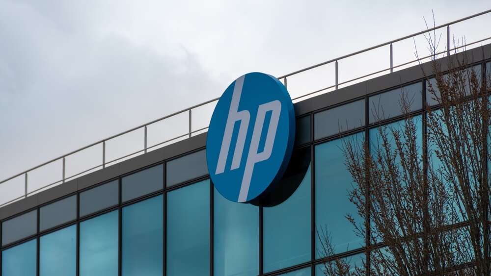 A view of the HP logo atop a building, used to illustrate a story about the trial of Mike Lynch.