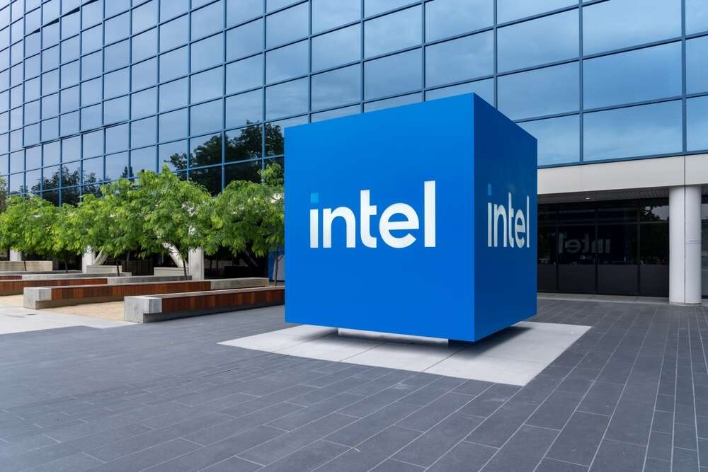 Intel sign at its headquarters in Santa Clara, California, USA.